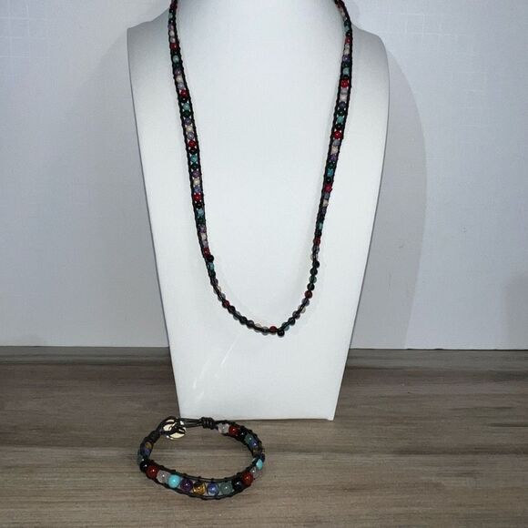 Natural Stone Corded Necklace And Bracelet Set Multi Colored Black Cord Hart - Picture 1 of 6